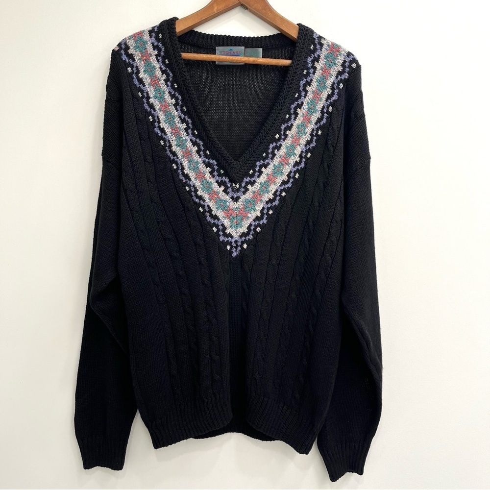 Vintage 80’s 90’s black v-neck cable knit sweater colorful southwestern preppy L